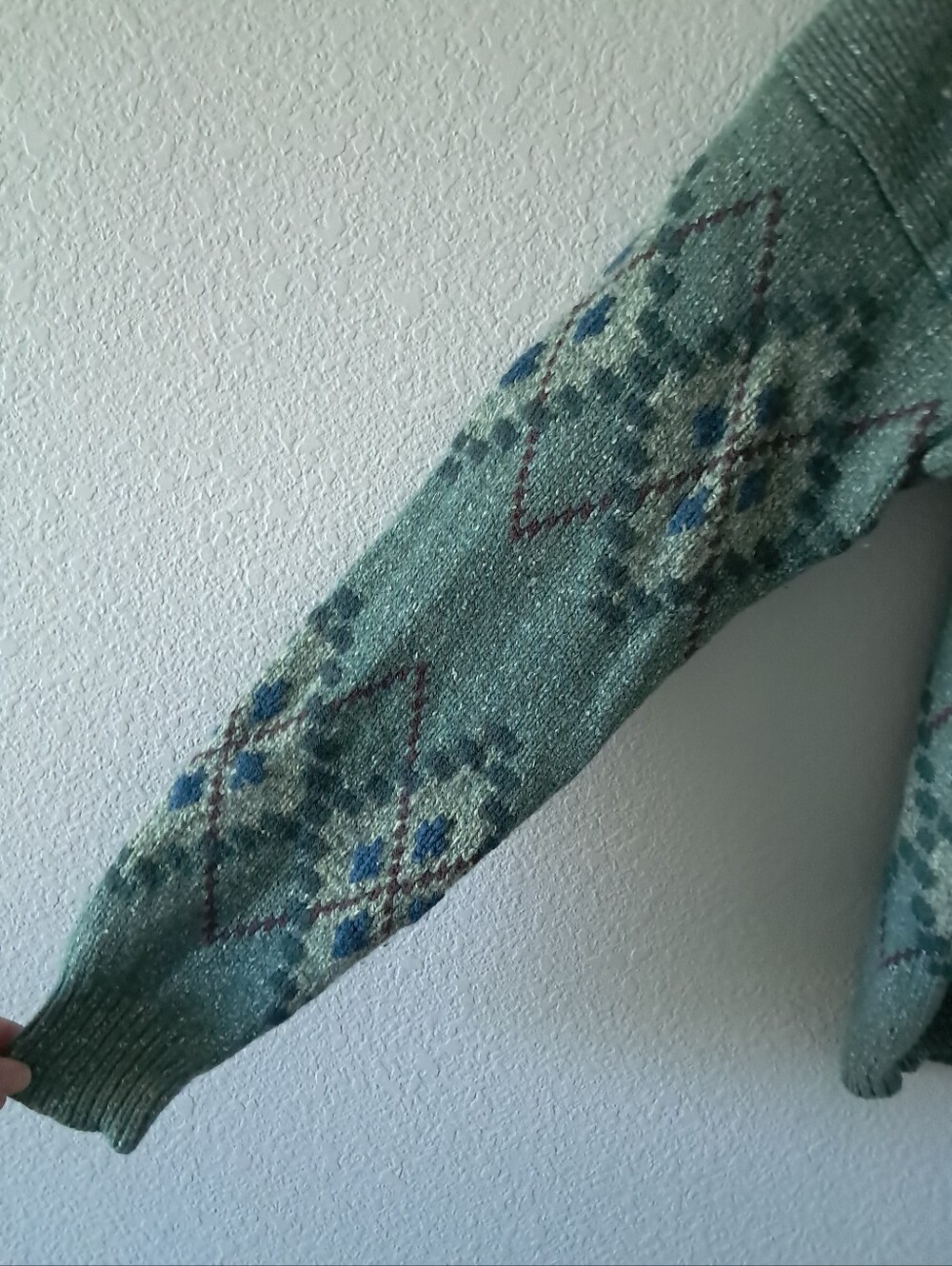 Vintage LL Bean Chunky Knit Argyle Sweater Long Sleeve Crewneck Wool Silk Green - Picture 3 of 7